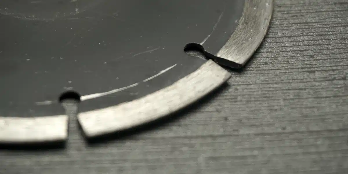 Close-up of a circular saw blade with three notches along its edge, placed on a textured dark surface representing what is a segmented diamond blade