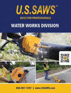 U.S. SAWS Water Works Division flyer showing pipe cutting and maintenance tools in use by workers and company contact information.