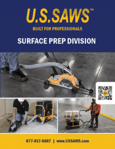 Collage showing U.S. Saws surface preparation equipment in use on concrete floors, with company branding, contact number, website, and a QR code.