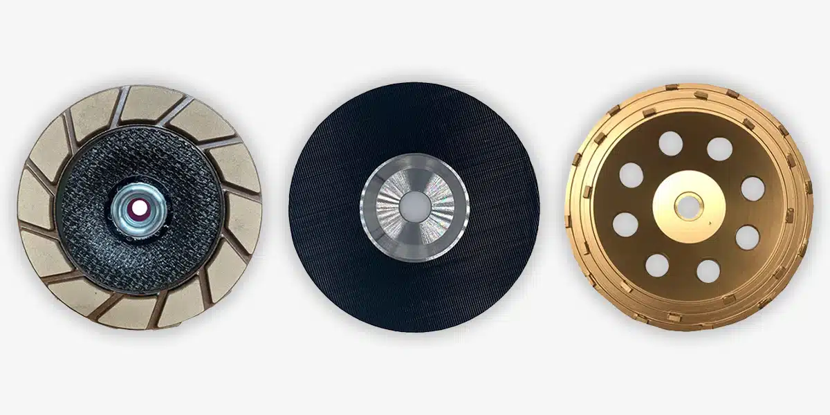 Three different types of circular grinding or polishing discs, including a Diamond Cup, with distinct surface patterns and colors, are arranged side by side on a white background.